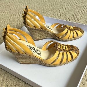 SALVATORE FERRAGAMO Yellow with Python Wedges Size 7,5